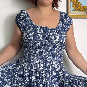 Chelsea & Theodore paisley blue/white peasant dress XL cotton